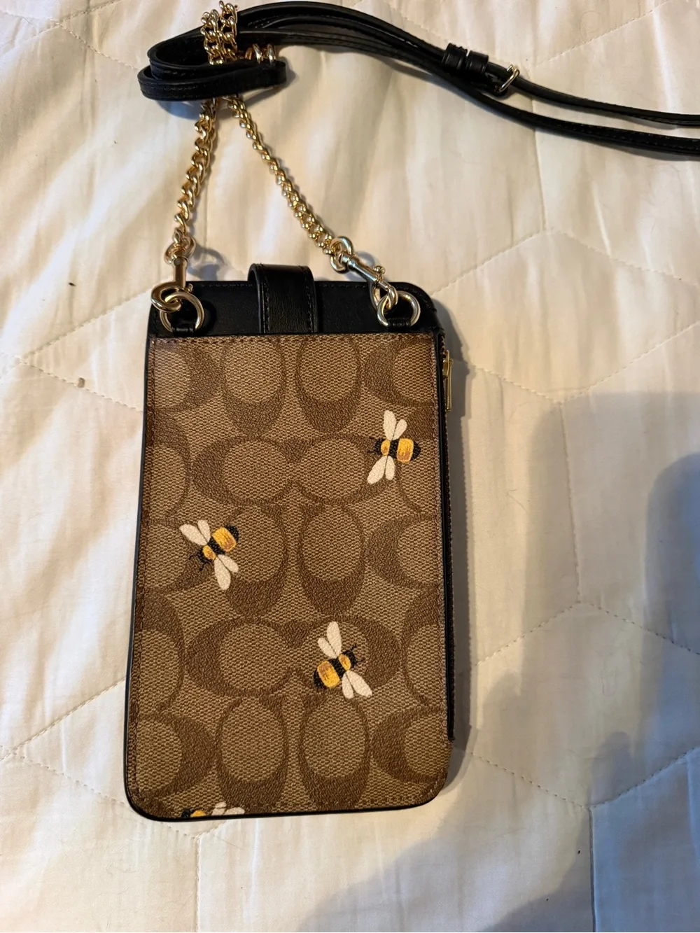 COACH Brown Signature Bee Print Crossbody Phone Pouch with Black Trim
